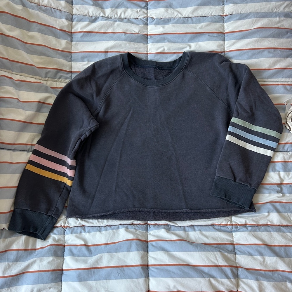 Blue Sweatshirt with Striped Sleeves